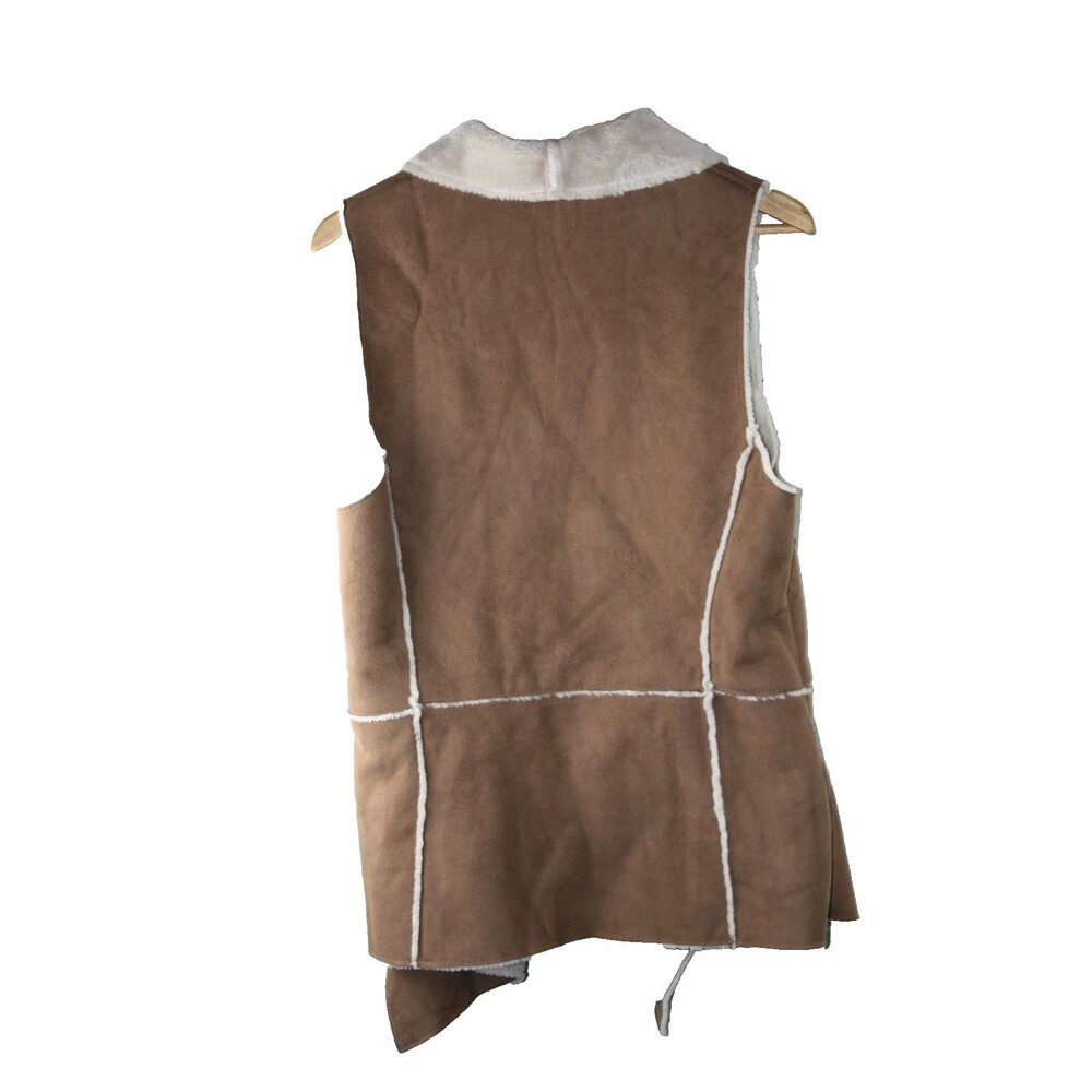 Woman's Faux Fur Suede Leather Vest Boho Country Western sz Large Tan & Cream - Picture 2 of 7
